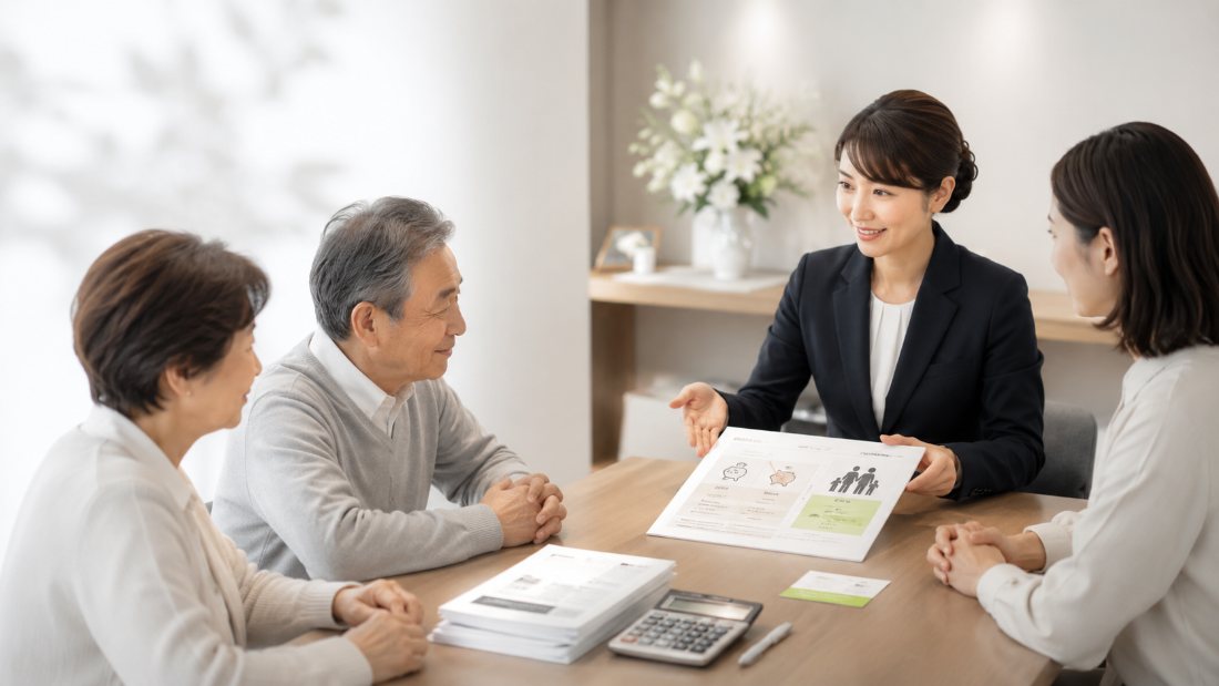 ご家族で葬儀費用のお見積もりを相談する様子